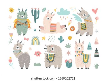 Isolated set with cute llama (alpaca) and hand drawn elements. Collection with stars, moon and cloud. Sweet dreams. Ideal kids design, for fabric, wrapping, textile, wallpaper, apparel
