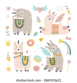 Isolated set with cute llama (alpaca) and hand drawn elements. Collection with stars, moon and cloud. Sweet dreams. Ideal kids design, for fabric, wrapping, textile, wallpaper, apparel
