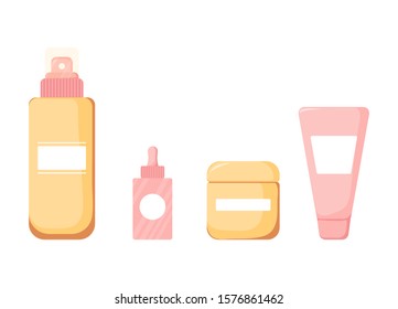 Isolated set of Cute skincare cosmetics icon in cartoon style. Beauty woman face nature cosmetic vector illustration