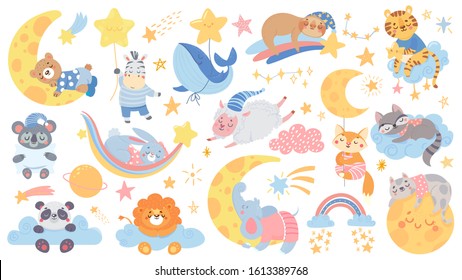Isolated set and cute sleeping animal  Collection and stars  moon   cloud  Sweet dream  Good night  Pajamas party and pillow  Vector illustration