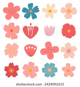 Conjunto aislado con bonitas flores primaverales de estilo plano. Diseño de tejidos, embalajes, textiles, papel pintado