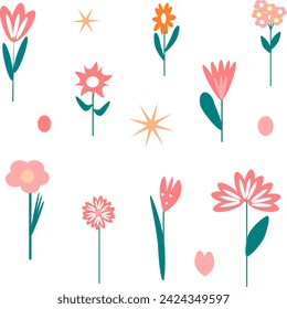 Isolated set with cute spring flowers in flat style. Simple botanical elements for textiles, wallpaper, packaging, children's design.