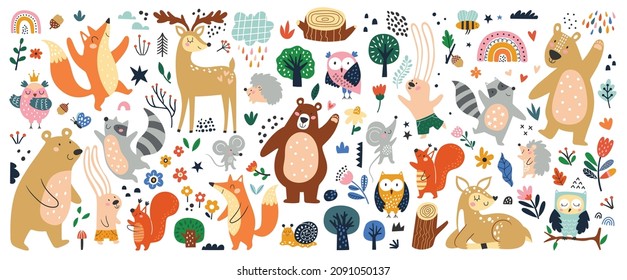 Isolated set with cute woodland forest animals in cartoon style. Ideal kids design, for fabric, wrapping, textile, wallpaper, apparel