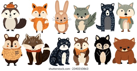 Isolated set with cute woodland forest animals. Cute raccoon, funny rabbit, wolf and bear, adorable hedgehog and other.Perfect for web, banner, card, poster. Vector illustration.