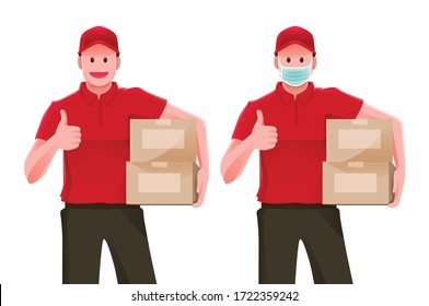 Isolated Set of Delivery man in Red Uniform Thumb Up and Smile While Holding Boxes. With Variation of Mask Version in Quarantine Lockdown Time. Vector Illustration