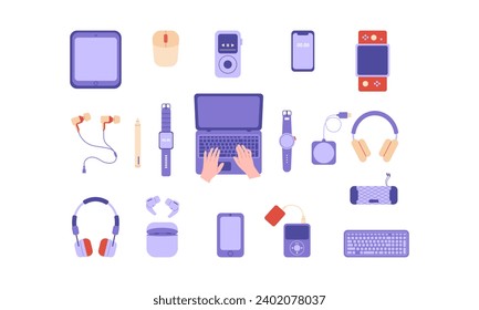 Isolated set of devices. Music speaker, console, tablet, laptop, phone, watch, computer mouse, player, headphones, charger, keyboard.