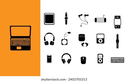 Isolated set of devices. Music speaker, console, tablet, laptop, phone, watch, computer mouse, player, headphones, charger, keyboard.