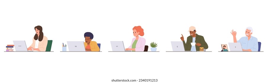 Isolated set of different age people cartoon character working or studying using laptop computer