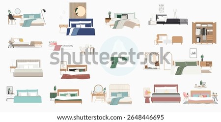 Isolated set of different bedrooms with beds, bedside tables, dressing tables, wardrobe, mirror.