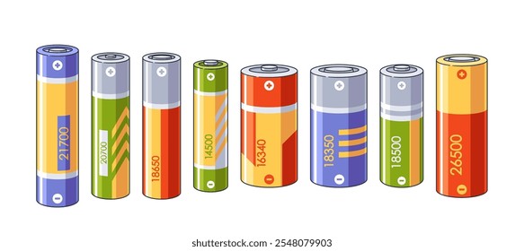 Conjunto aislado de diferentes baterías de dedo del cilindro con varios tamaños y capacidad de potencia en blanco