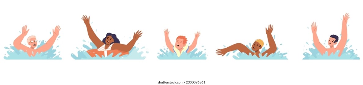 Isolated set of different drowning people cartoon characters in swimwear splashing in water waves