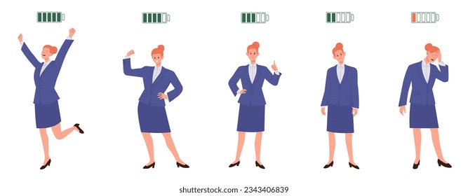 Isolated set of different energy level of businesswoman with charged and uncharged battery