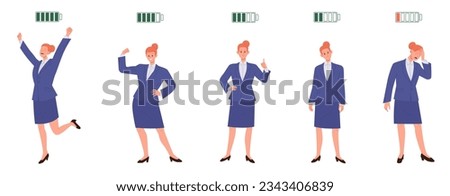 Isolated set of different energy level of businesswoman with charged and uncharged battery