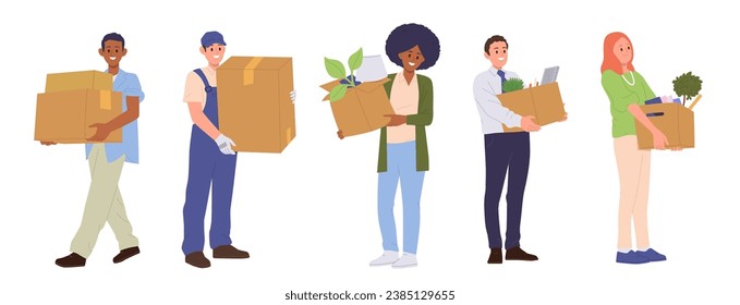 Isolated set of different people cartoon characters holding boxes moving to new home or office