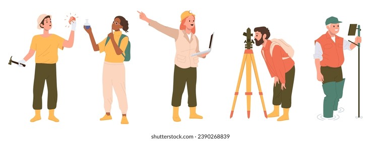 Isolated set of different people geologist cartoon character using various equipment for work