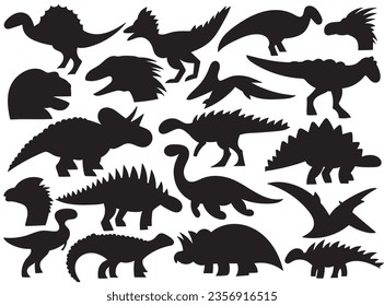 Isolated set dinosaur black silhouettes drawing jurassic prehistoric monster bodies and head on white background. Fantasy predator and herbivore animals of ancient period vector illustration