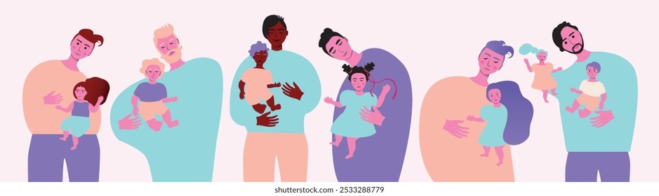 Isolated set with diverse fathers with children as parenthood concept, premium flat vector stock illustration