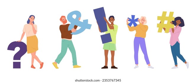 Isolated set of diverse multiethnic people character holding different punctuation special symbol - Shutterstock ID 2353767345