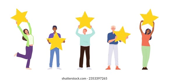 Isolated set of diverse people customers holding golden rating star giving positive feedback