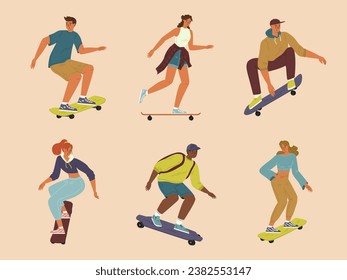 Isolated set of diverse teenage boy and girl skateboarding