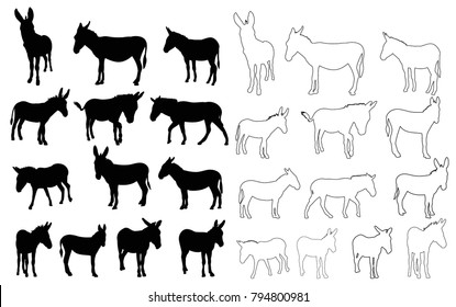 isolated, set of donkey silhouettes