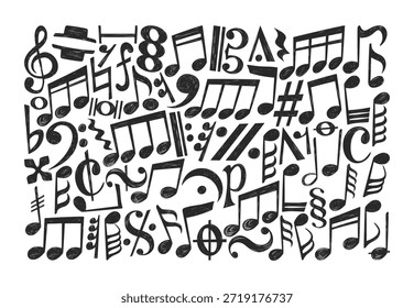 Isolated set of doodle music notes, clefs, staves and musical symbols in hand drawn sketch style