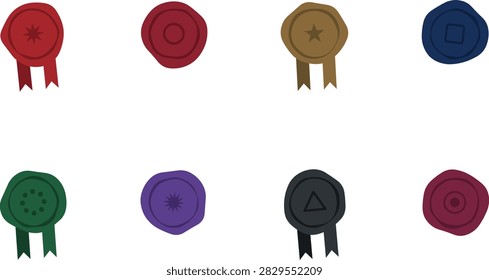 Isolated set of eight wax seals, each an organic moulded blob with a darker inner rim and a pressed centre mark such as a star, ring, square, triangle or bead circle, four with ribbon tails.
