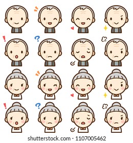 Isolated set of elderly man and woman avatar expressions