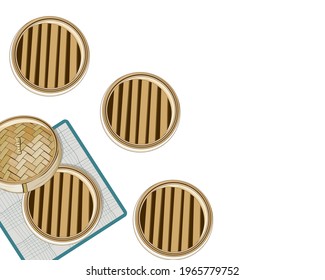 Isolated set of empty dim sum bamboo basket steamer with lid on white background. Food container vector illustration. 