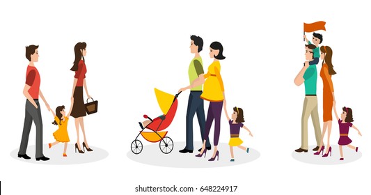 Isolated set of families. Large families walk with children and strollers.
