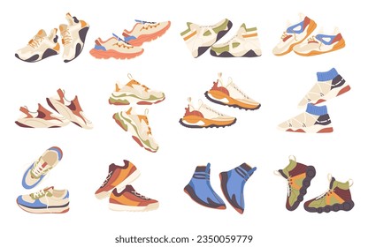 Isolated set of fashion sneakers modern sports shoes and boots collection for training recreation