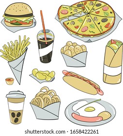 Conjunto aislado de comida rápida y bebidas al estilo de las caricaturas