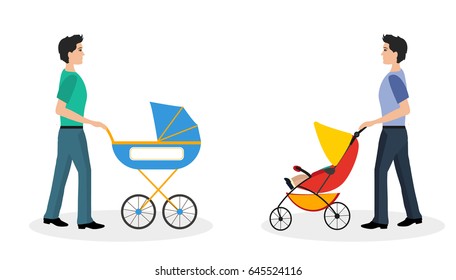 Isolated set of fathers walking with a strollers