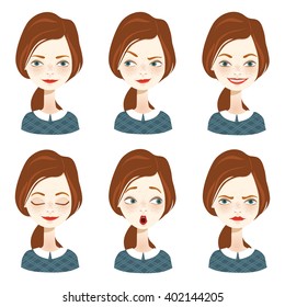 Isolated set of female avatar expressions. Vector illustration.