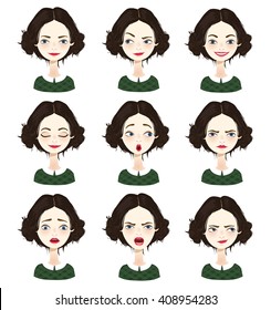 Isolated set of female avatar expressions. Vector illustration.