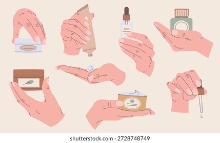 Conjunto isolado de mãos femininas aplicando cosméticos para a rotina diária de cuidados com a pele usando creme e soro. Gestos de braços segurando variedade de beleza terapia, spa e dermatologia produtos ilustração vetorial