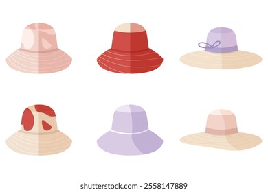 Isolated set of flat color summer hats. Vector illustration sun cap on background. Icon set