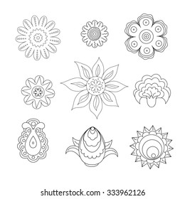 Isolated set of floral ornament elements. Decorative components for illustrations. Ornamental flowers. 