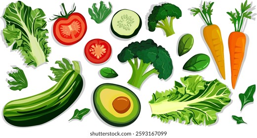 Isolated set of fresh and healthy vegetables, including lettuce, tomatoes, cucumbers, carrots, avocado, broccoli, and leafy greens on a white background web design textile cards 