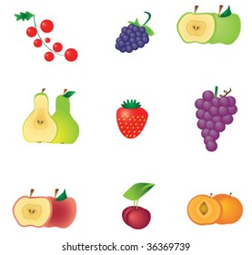 isolated set of fruit and berry - pear, currant, blackberry, strawberry, peach, apple, grape, cherry