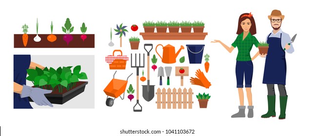 isolated set of garden objects and elements, people gardeners: man and woman, sprouts, vegetables in the ground