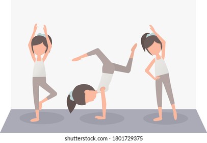 Isolated set of a girl exercise at room by yoga. Spend time on holiday weekend. Relax and fresh.