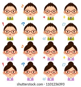 Isolated set of glasses young teacher man & woman flat style avatar expressions