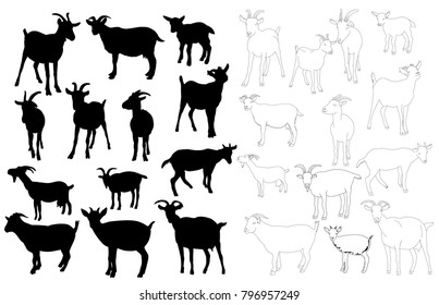 isolated set of goat silhouettes, outline of goat