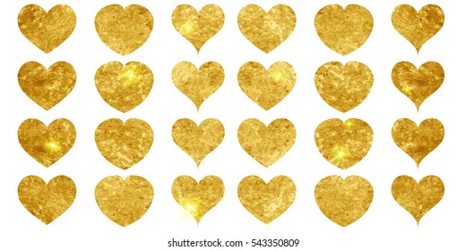 Isolated set of gold hearts on white background. Romantic icons golden glittering. Vector illustration. Valentines day and holiday collection.