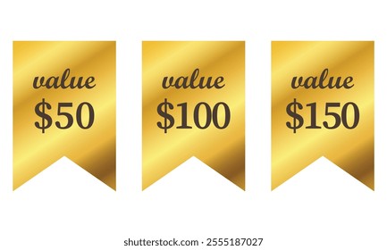 Isolated set of gold horizontal ribbon with value. Ribbon template. Vector illustration