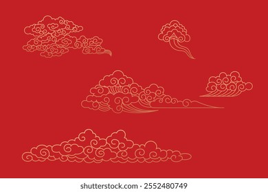 Conjunto aislado de la línea de oro de las nubes tradicionales chinas sobre fondo rojo