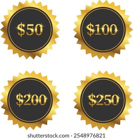 Conjunto isolado de círculos brilhantes dourados com arestas e valor afiados