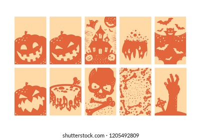 Isolated set of Halloween cards. Light coloured.  Vector illustration in silhouette style.
