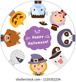 Isolated set of Halloween monsters  face flat avatar